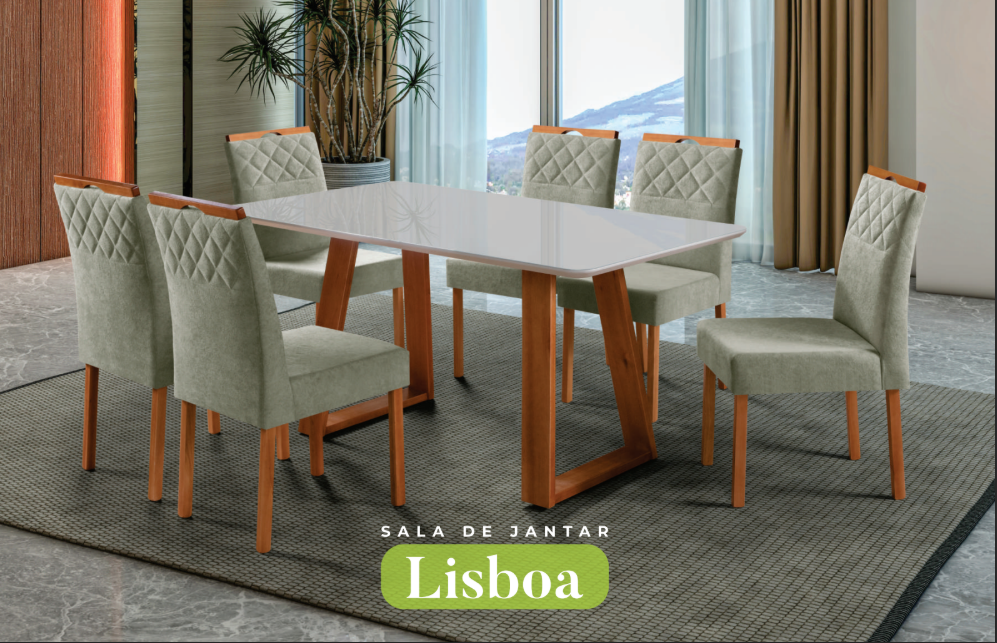 Conjunto Sala de Jantar Lisboa Mesa Madeira Maciça Cadeiras Estofadas Aline - Imagem 4