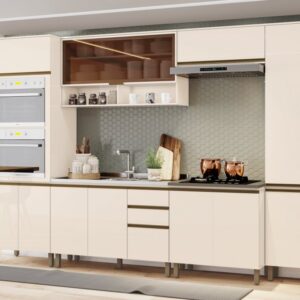 Cozinha com torre quente, aéreo com 1 porta basculante, aéreo com 1 basculante módulo para cooktop com 2 portas módulo com 3 portas e 2 gavetas.