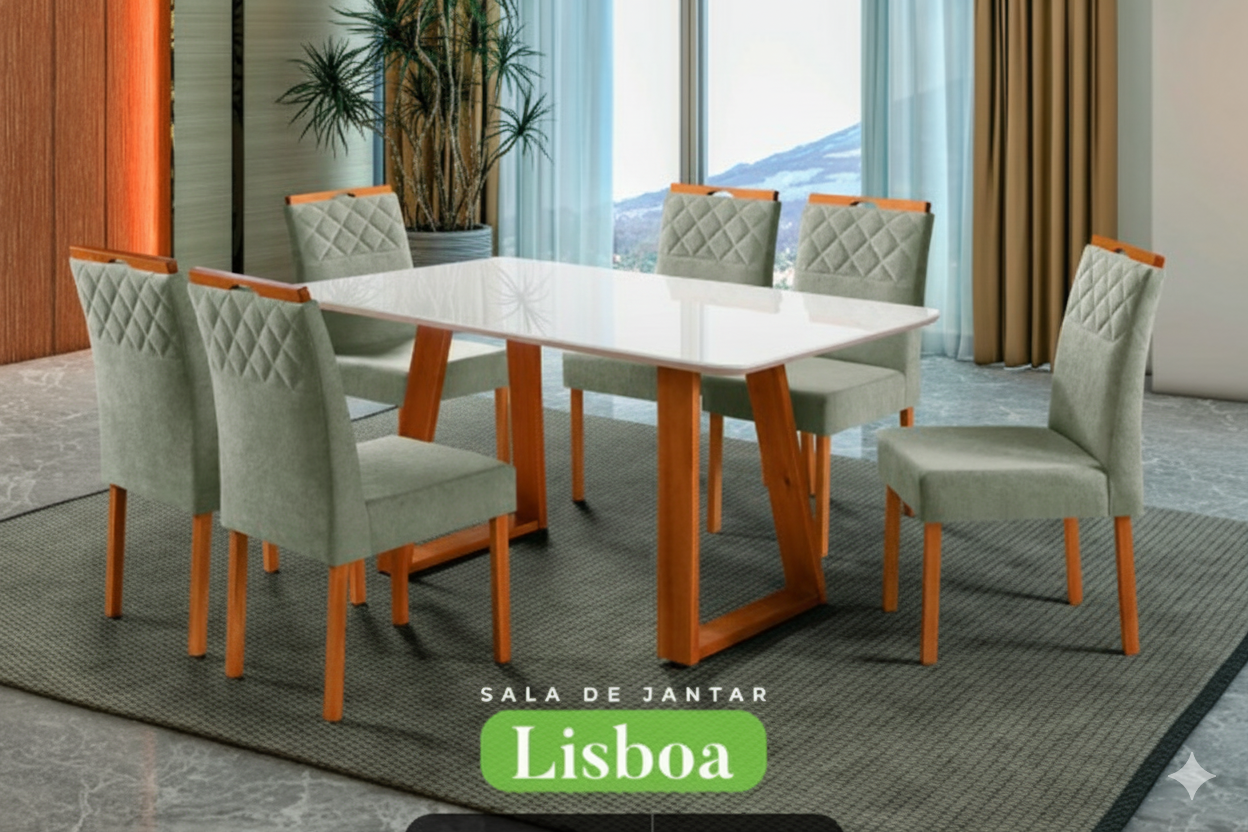 Conjunto Sala de Jantar Lisboa Mesa Madeira Maciça Cadeiras Estofadas Aline - Imagem 5