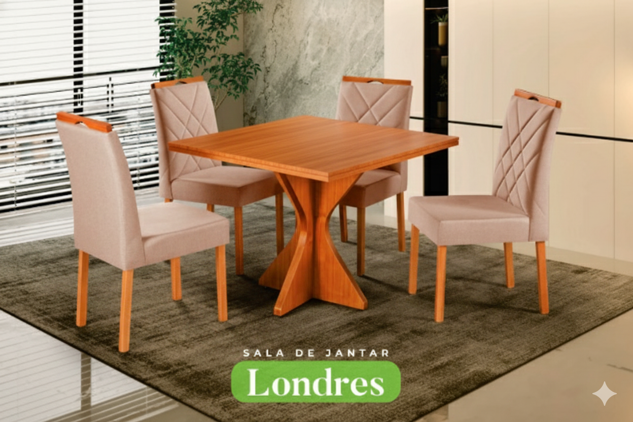Conjunto Sala de Jantar Londres Mesa Quadrada Madeira Maciça 4 Cadeiras Estofadas Laís