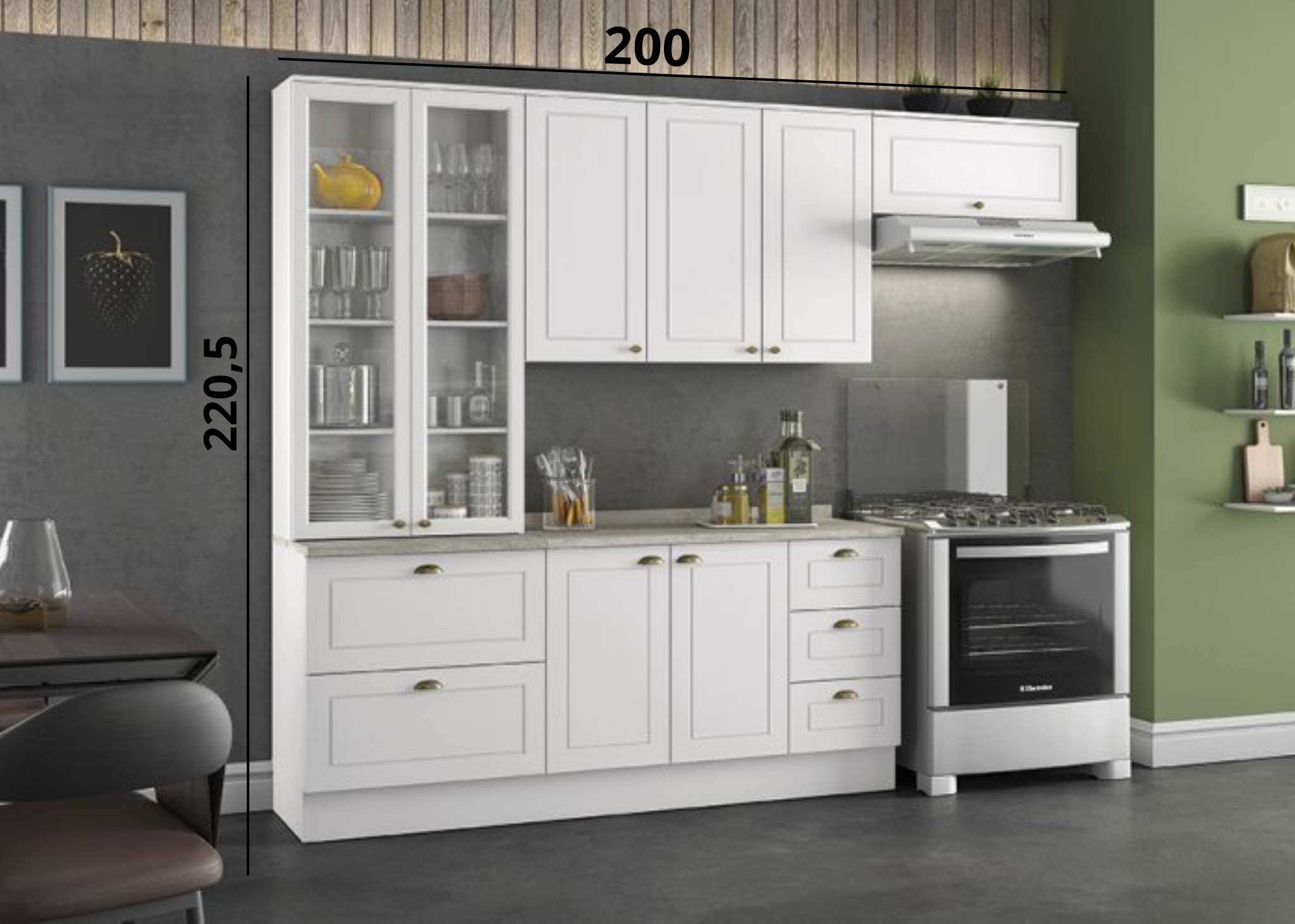 Cozinha com cristaleira de 2 portas de vidro aéreo com 3 portas de giro aéreo com 1 porta basculante módulo inferior com 2 portas módulo com 2 gavetões módulo com 3 gavetas. - Imagem 3