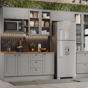 Cozinha completa com 2 portas basculantes nicho para microondas 3 portas de giro cristaleira 2 gavetões 3 gavetas.