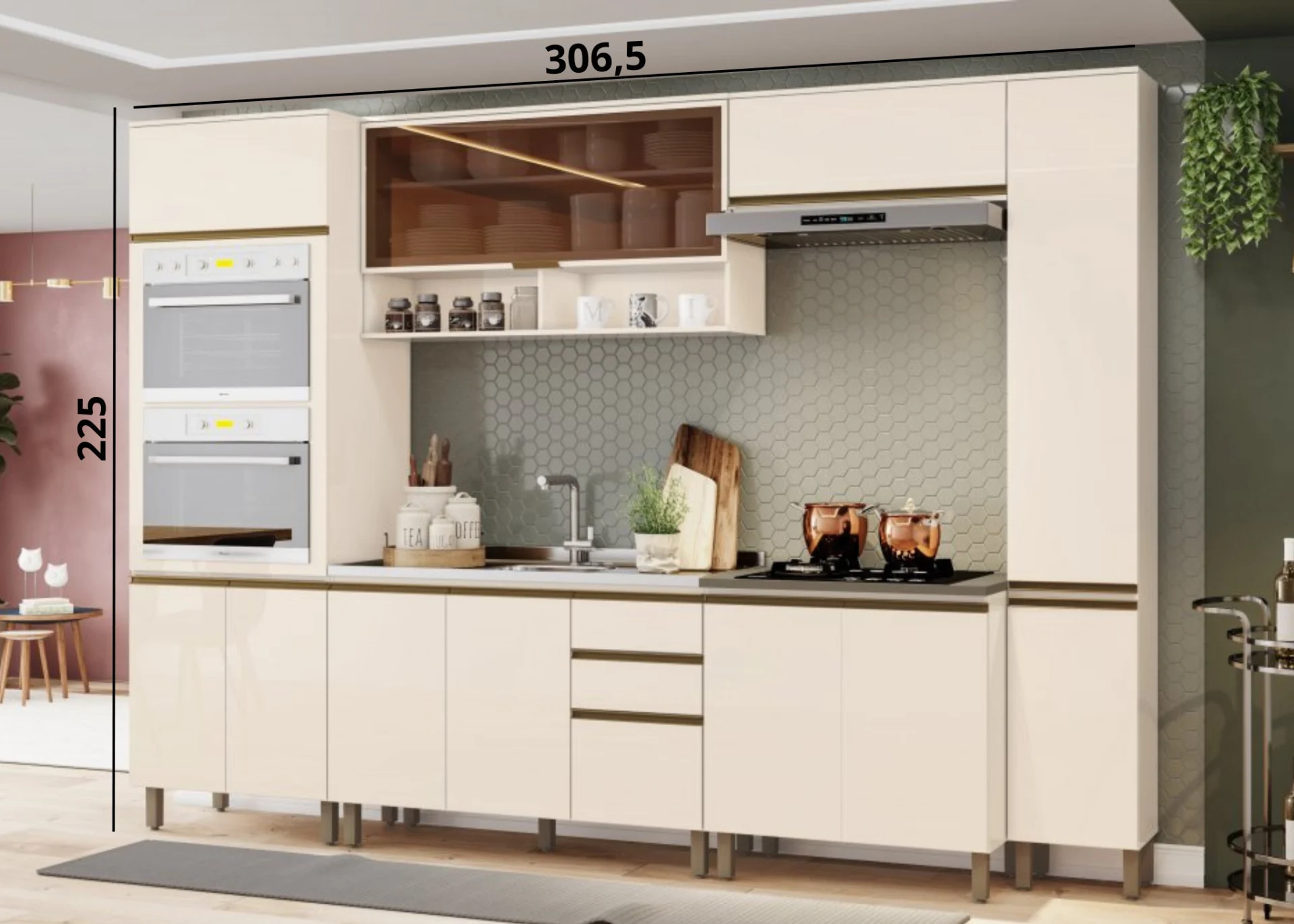 Cozinha com torre quente, aéreo com 1 porta basculante, aéreo com 1 basculante módulo para cooktop com 2 portas módulo com 3 portas e 2 gavetas. - Imagem 3