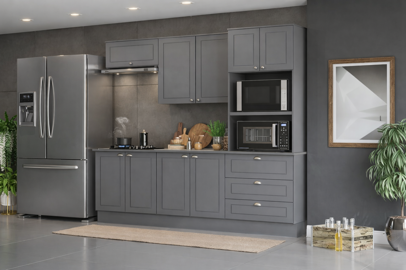 Cozinha com torre quente aéreo com 3 portas de giro aéreo com 1 porta basculante módulos inferiores 4 portas de giro 2 gavetões e 3 gavetas.