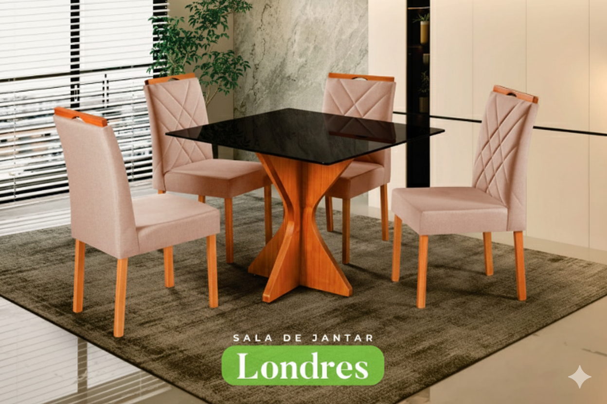 Conjunto Sala de Jantar Londres Mesa Quadrada Madeira Maciça 4 Cadeiras Estofadas Laís - Imagem 2