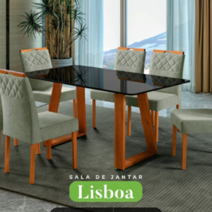 Conjunto Sala de Jantar Lisboa Mesa Madeira Maciça Cadeiras Estofadas Aline