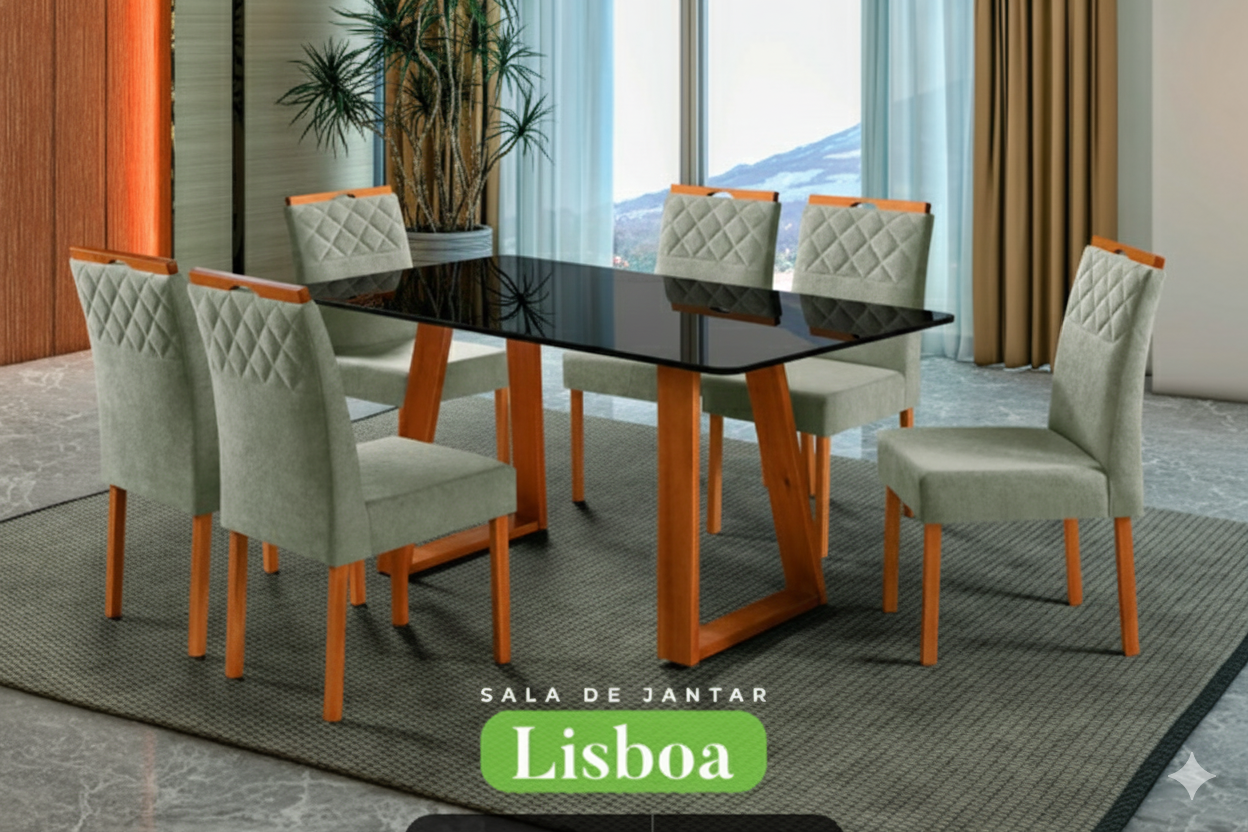 Conjunto Sala de Jantar Lisboa Mesa Madeira Maciça Cadeiras Estofadas Aline