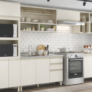 Cozinha com torre quente aéreo com basculante com 1 porta de vidro e 2 nichos aéreo com porta basculante aéreo com 2 portas de giro módulos com portas de giro e gaveta.