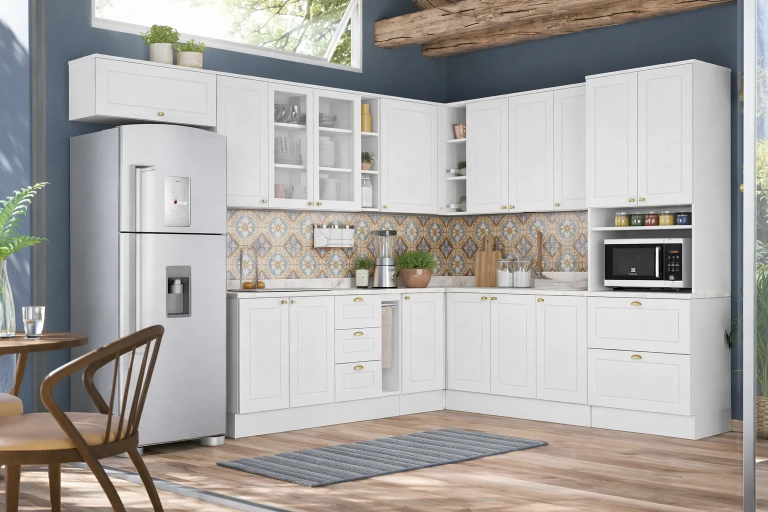 Cozinha Completa Americana 8 Peças (2 Aéreos+2 Balcões+2 Paneleiros+2 Complementos) c/ Pés.