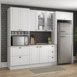 Cozinha completa aéreo com 5 portas de giro sendo 2 em vidro um aéreo com 1 porta basculante módulo com 2 gavetões um módulo com 2 portas de giro módulo com 3 gavetas 2 laterais para encaixe da geladeira.