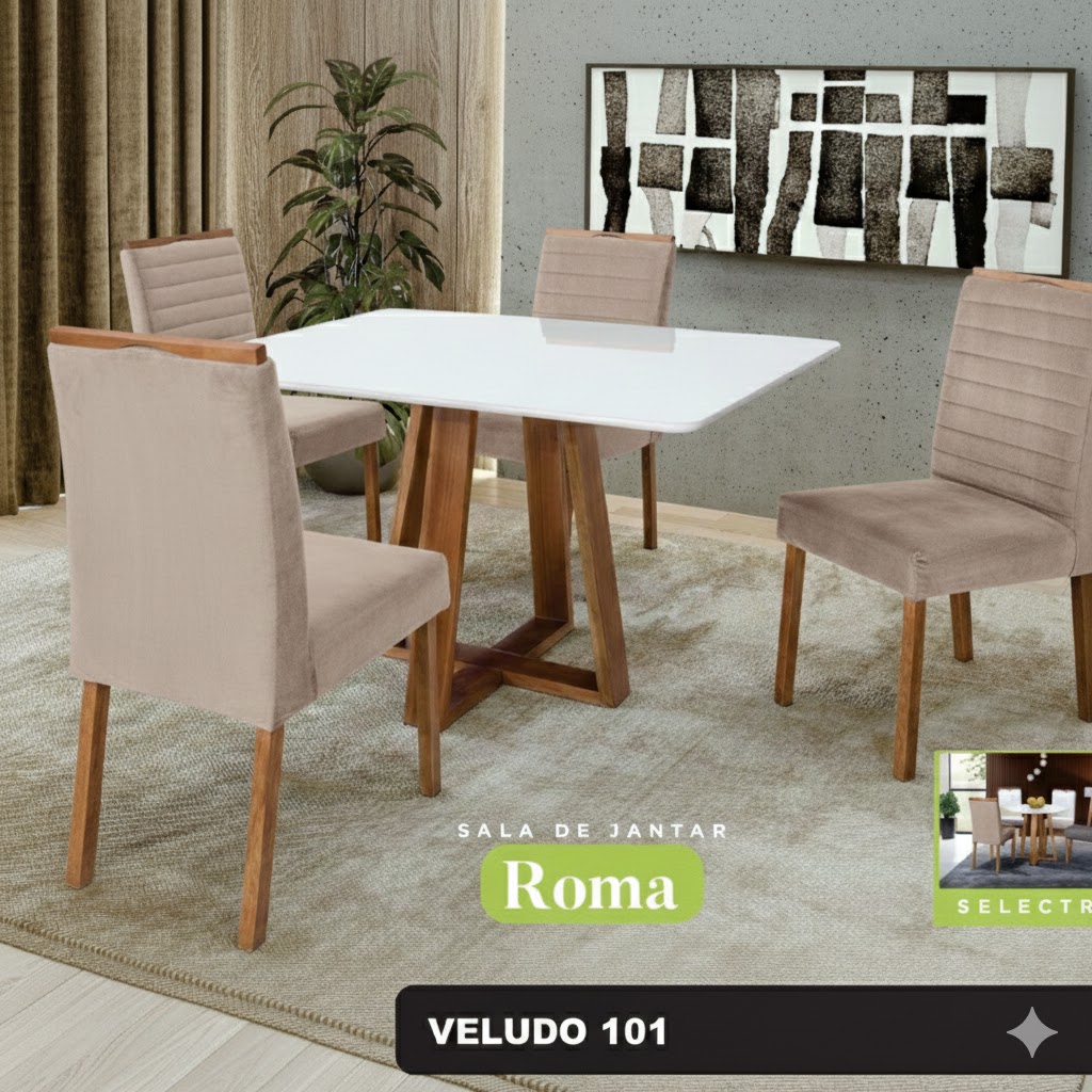 Conjunto Sala de Jantar Roma Mesa Quadrada Madeira Maciça 4 Cadeiras Estofadas Helena - Imagem 8