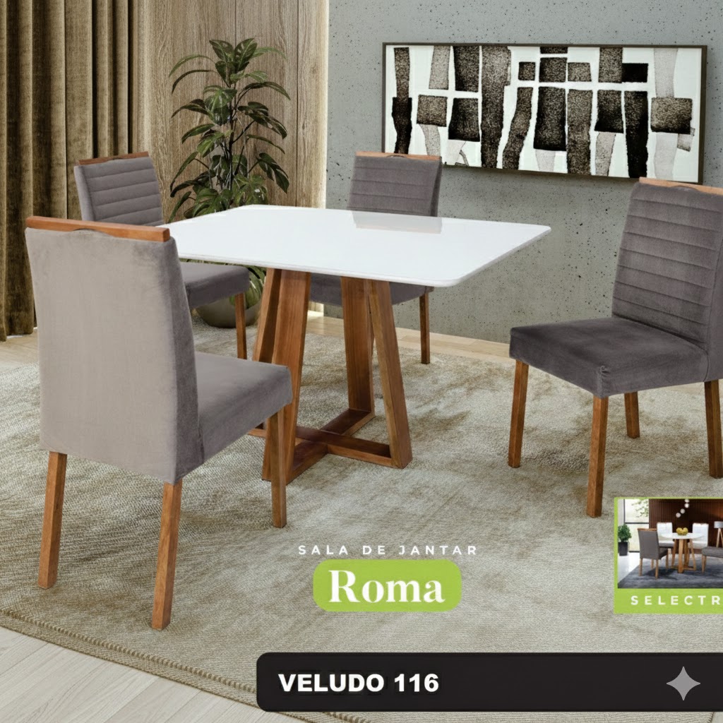 Conjunto Sala de Jantar Roma Mesa Quadrada Madeira Maciça 4 Cadeiras Estofadas Helena - Imagem 7