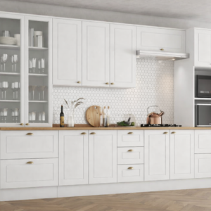 Cozinha com torre quente, cristaleira com 2 portas de vidro, aéreo com 3 portas de giro, aéreo com 1 porta de giro, módulos inferiores com portas de giro e com 3 gavetas e 4 gavetões.