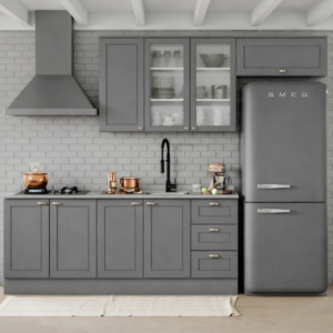 Cozinha com aéreo com 3 portas de giro sendo 2 de vidro aéreo com 1 porta basculante módulo inferior com 4 portas de giro e 3 gavetas.