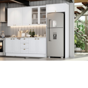 Cozinha completa com aéreo com 5 portas de giro sendo 2 de vidros aéreo com 1 porta basculante módulos inferiores com 4 portas de giro e 3 gavetas.