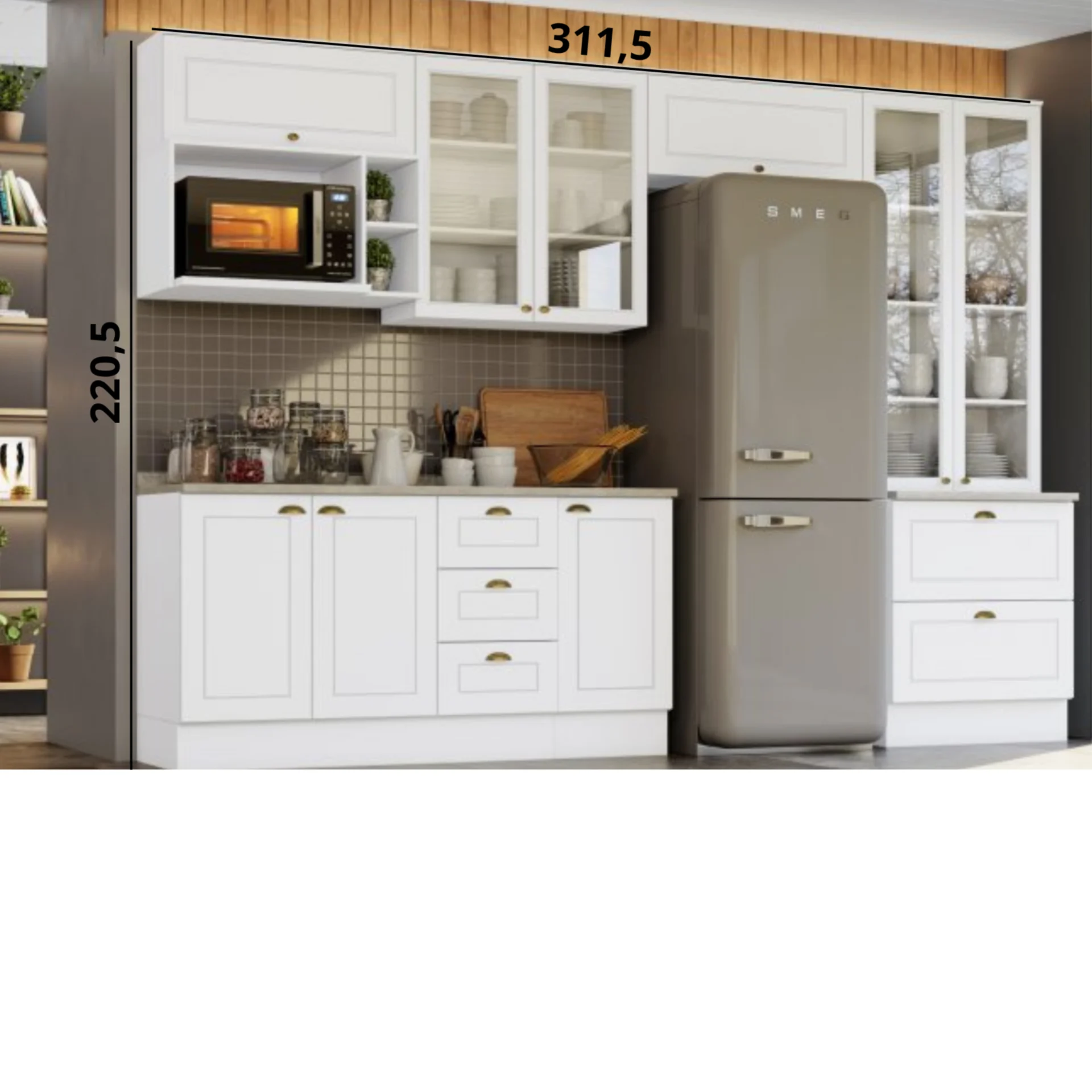 Cozinha completa com cristaleira com 2 portas de vidro aéreo com 2 portas de giro de vidro 2 aéreo com porta basculante nicho para microondas módulo inferior com 3 portas de giro 3 gavetas e 3 gavetões. - Imagem 2