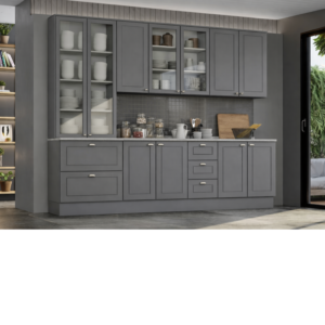 Cozinha completa com cristaleira com 2 portas de vidro aéreo com 2 portas de giro de vidro 2 aéreo com porta basculante nicho para microondas módulo inferior com 3 portas de giro 3 gavetas e 3 gavetões.