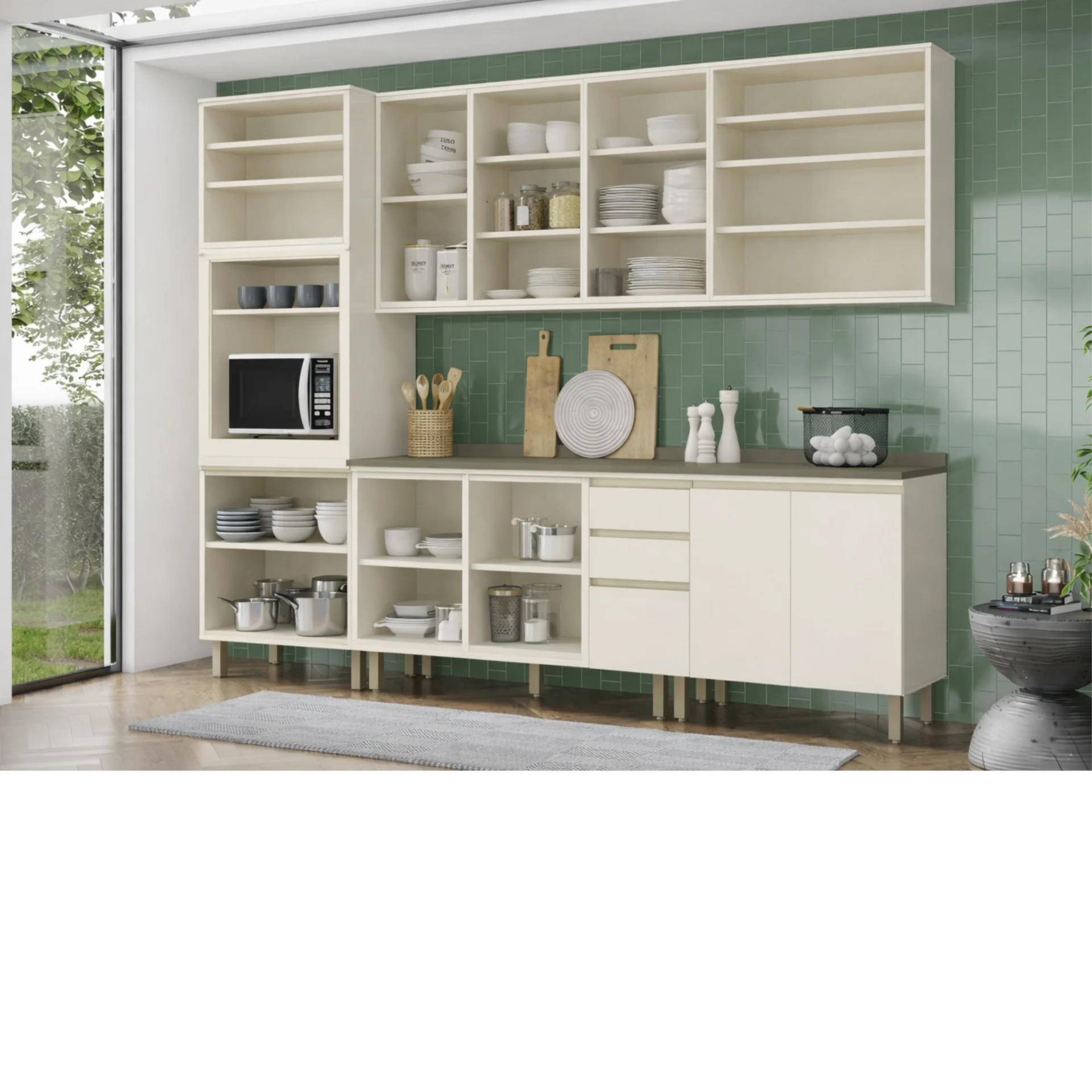 Cozinha com torre quente com 4 portas aéreo com 3 portas de vidro aéreo com 2 portas de vidro modulo com 2 portas e 3 gavetas modulo com 2 portas de giro. - Imagem 2