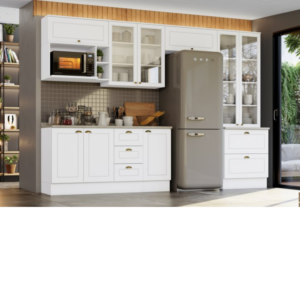 Cozinha completa com cristaleira com 2 portas de vidro aéreo com 2 portas de giro de vidro 2 aéreo com porta basculante nicho para microondas módulo inferior com 3 portas de giro 3 gavetas e 3 gavetões.