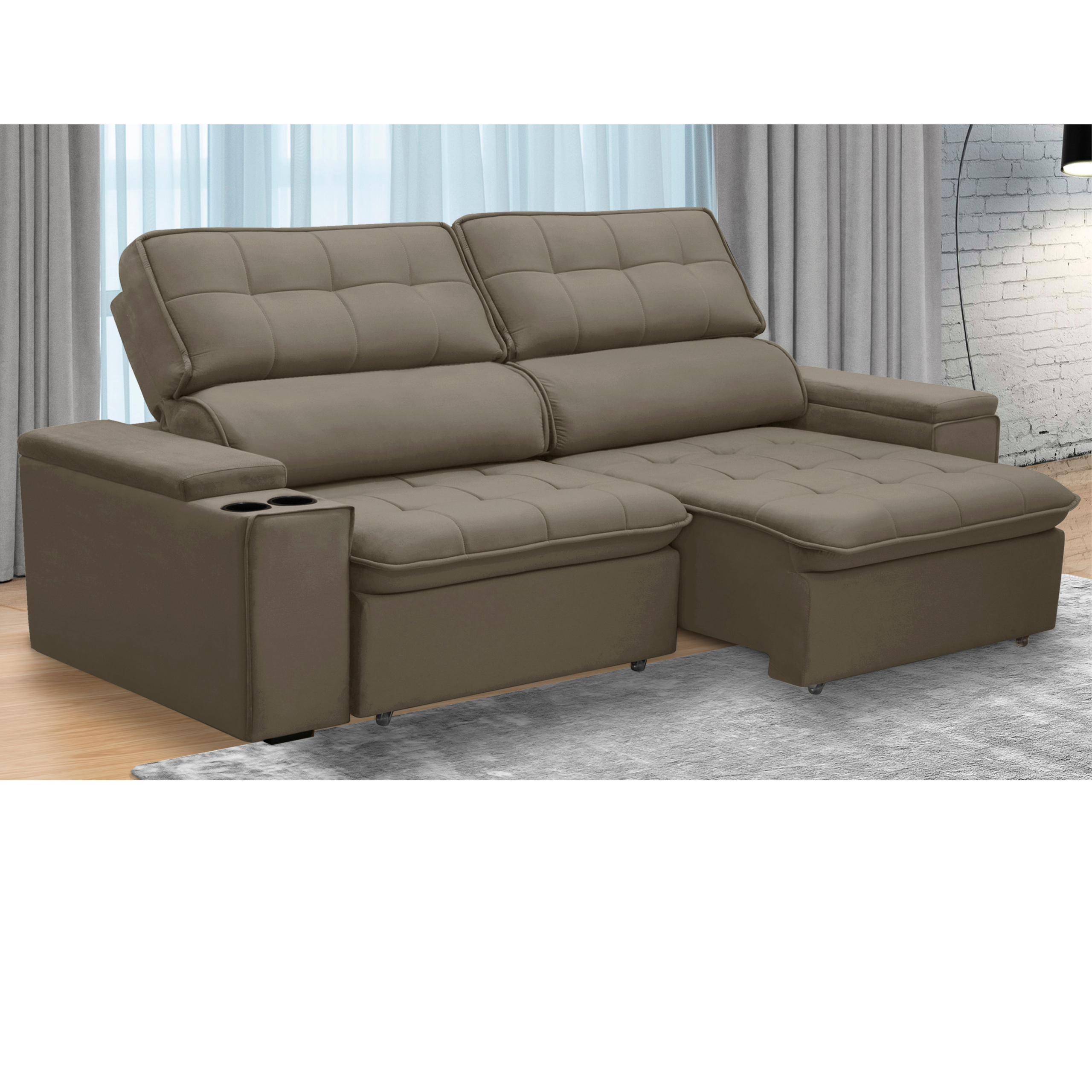 Sofá Genebra retrátil reclinável com porta copo e Ubs com pés de madeira