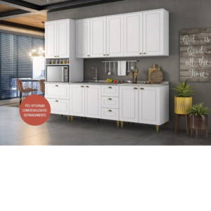 Cozinha completa com aéreo de portas de giro módulos inferiores com porta de giro módulos inferiores com 3 gavetas e 2 gavetões nicho para microondas.