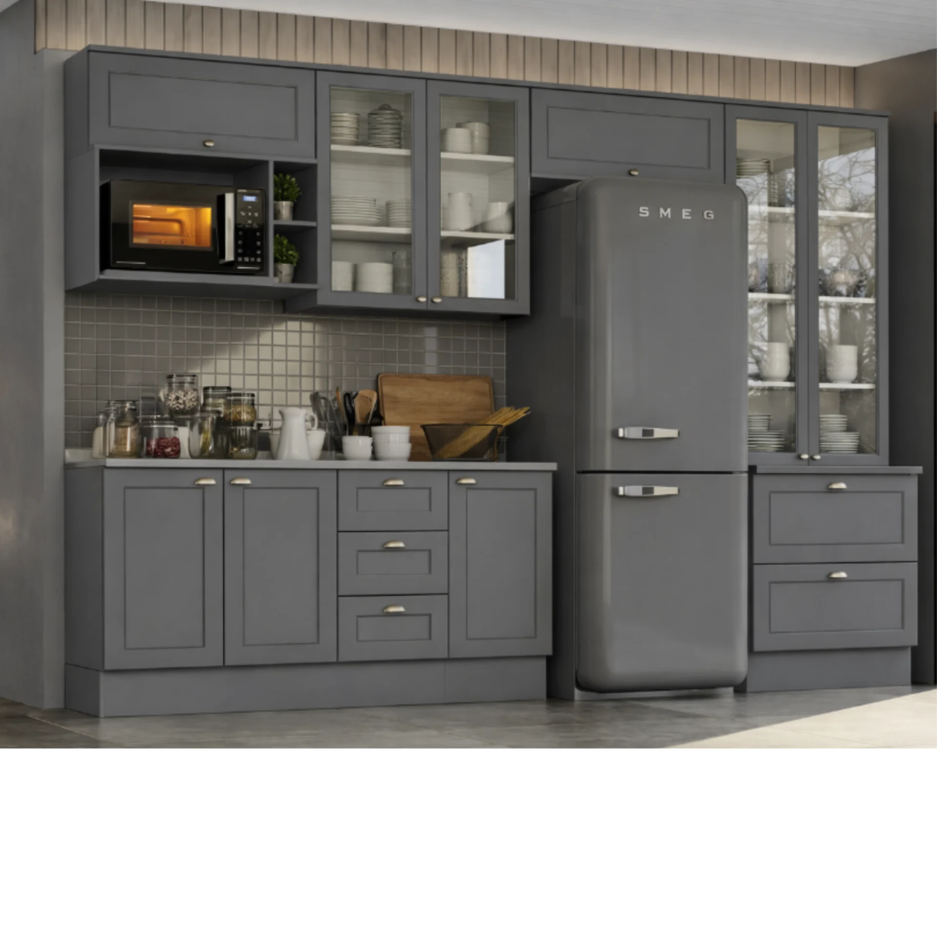 Cozinha completa com cristaleira com 2 portas de vidro aéreo com 2 portas de giro de vidro 2 aéreo com porta basculante nicho para microondas módulo inferior com 3 portas de giro 3 gavetas e 3 gavetões. - Imagem 3