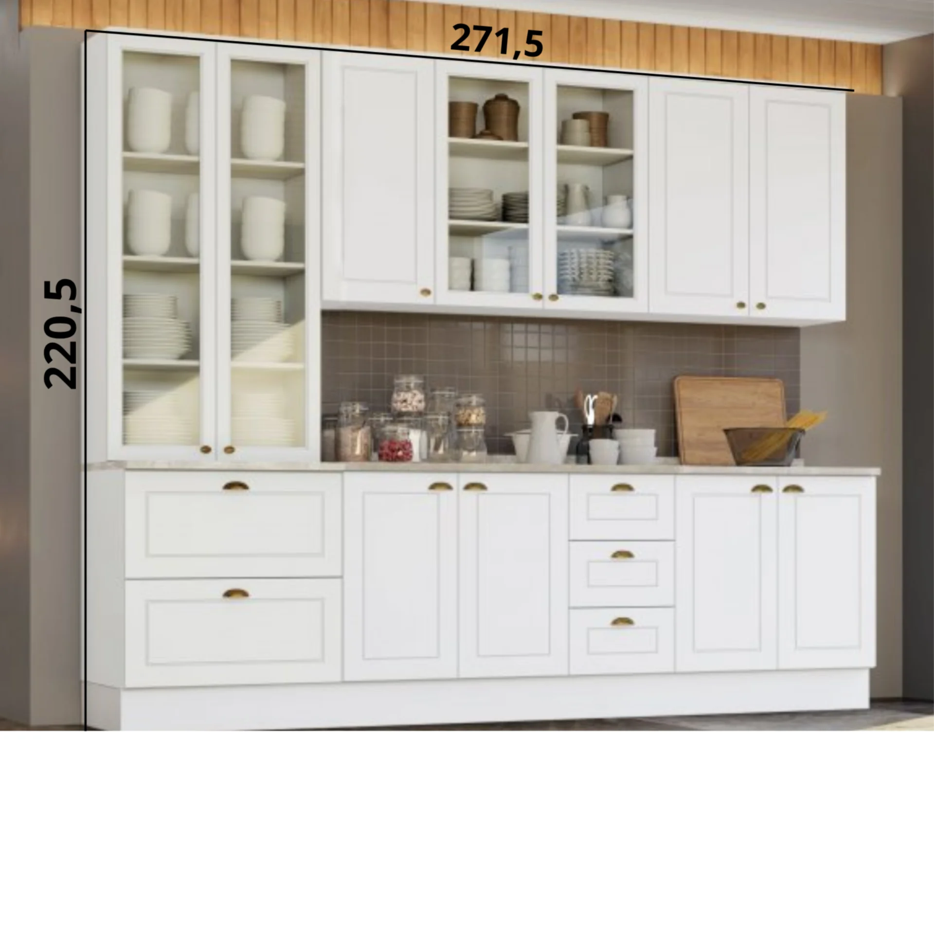 Cozinha completa com cristaleira com 2 portas de vidro aéreo com 2 portas de giro de vidro 2 aéreo com porta basculante nicho para microondas módulo inferior com 3 portas de giro 3 gavetas e 3 gavetões. - Imagem 3