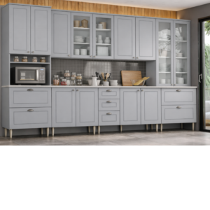 Cozinha Completa Americana 8 Peças (2 Aéreos+2 Balcões+2 Paneleiros+2 Complementos) c/ Pés.