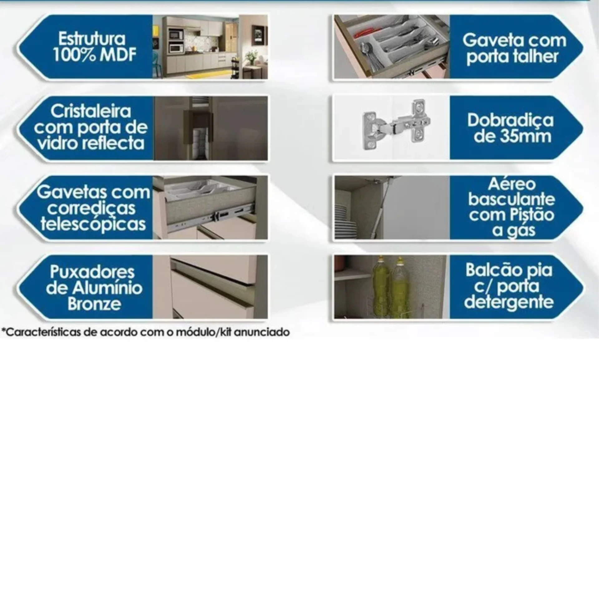 Cozinha com torre quente aéreo com basculante com 1 porta de vidro e 2 nichos aéreo com porta basculante aéreo com 2 portas de giro módulos com portas de giro e gaveta. - Imagem 3