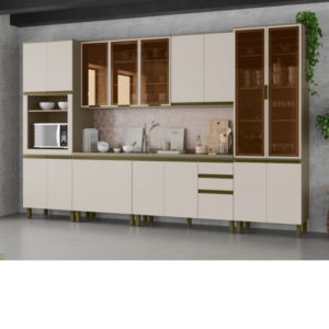 Cozinha com torre quente aéreo com 3 portas de vidro aéreo com 2 portas de giro cristaleira módulo inferior com 2 portas de giro módulo inferior com 2 portas de giro e 2 gavetas.