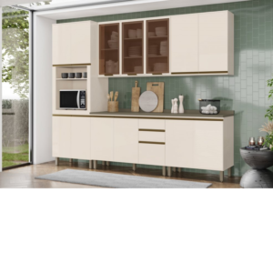 Cozinha com torre quente com 4 portas aéreo com 3 portas de vidro aéreo com 2 portas de vidro modulo com 2 portas e 3 gavetas modulo com 2 portas de giro.