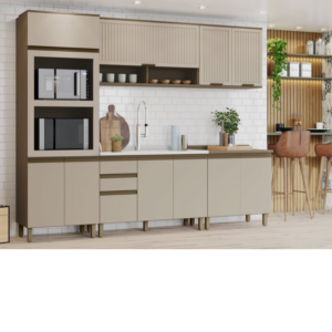 Cozinha com torre quente com 3 portas sendo 1 basculante aéreo com 1 porta basculante ripada e nichos aéreo com 2 portas de giro com ripas módulo inferior com 2 portas e 3 gavetas módulo com 2 portas de giro.