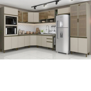 Cozinha com torre quente aéreo com basculante com 1 porta de vidro e 2 nichos aéreo com porta basculante aéreo com 2 portas de giro módulos com portas de giro e gaveta.