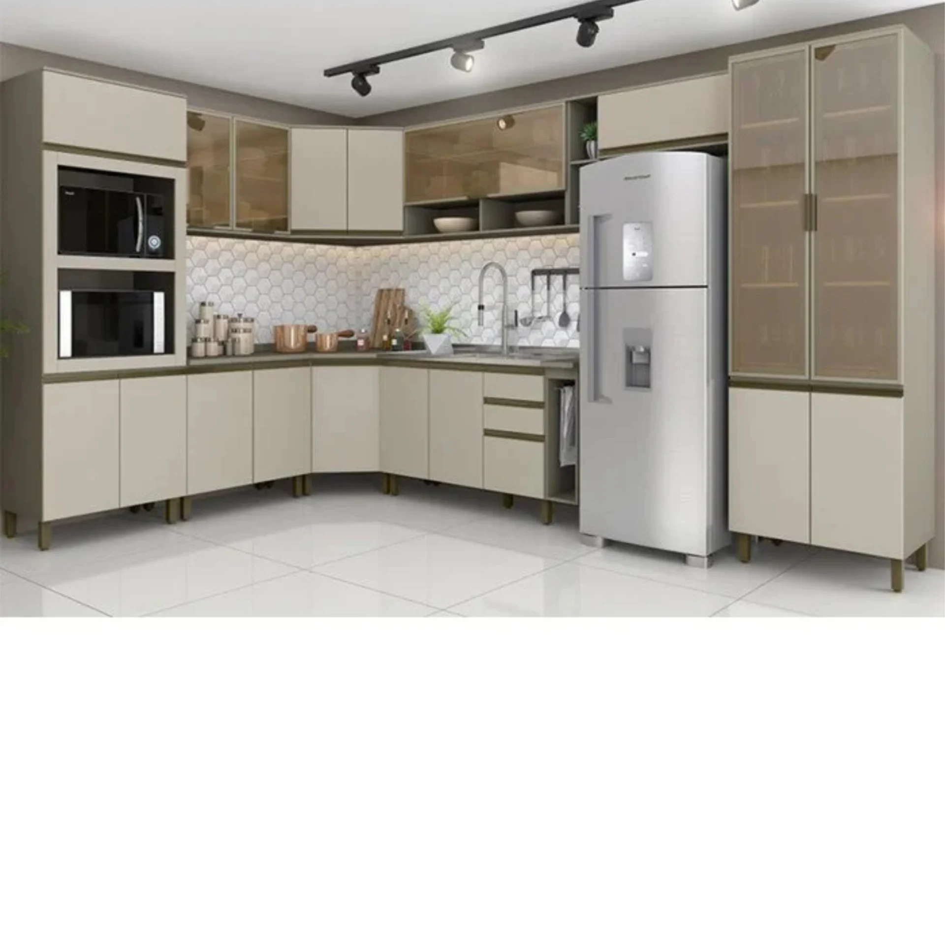 Cozinha com torre quente aéreo com basculante com 1 porta de vidro e 2 nichos aéreo com porta basculante aéreo com 2 portas de giro módulos com portas de giro e gaveta.
