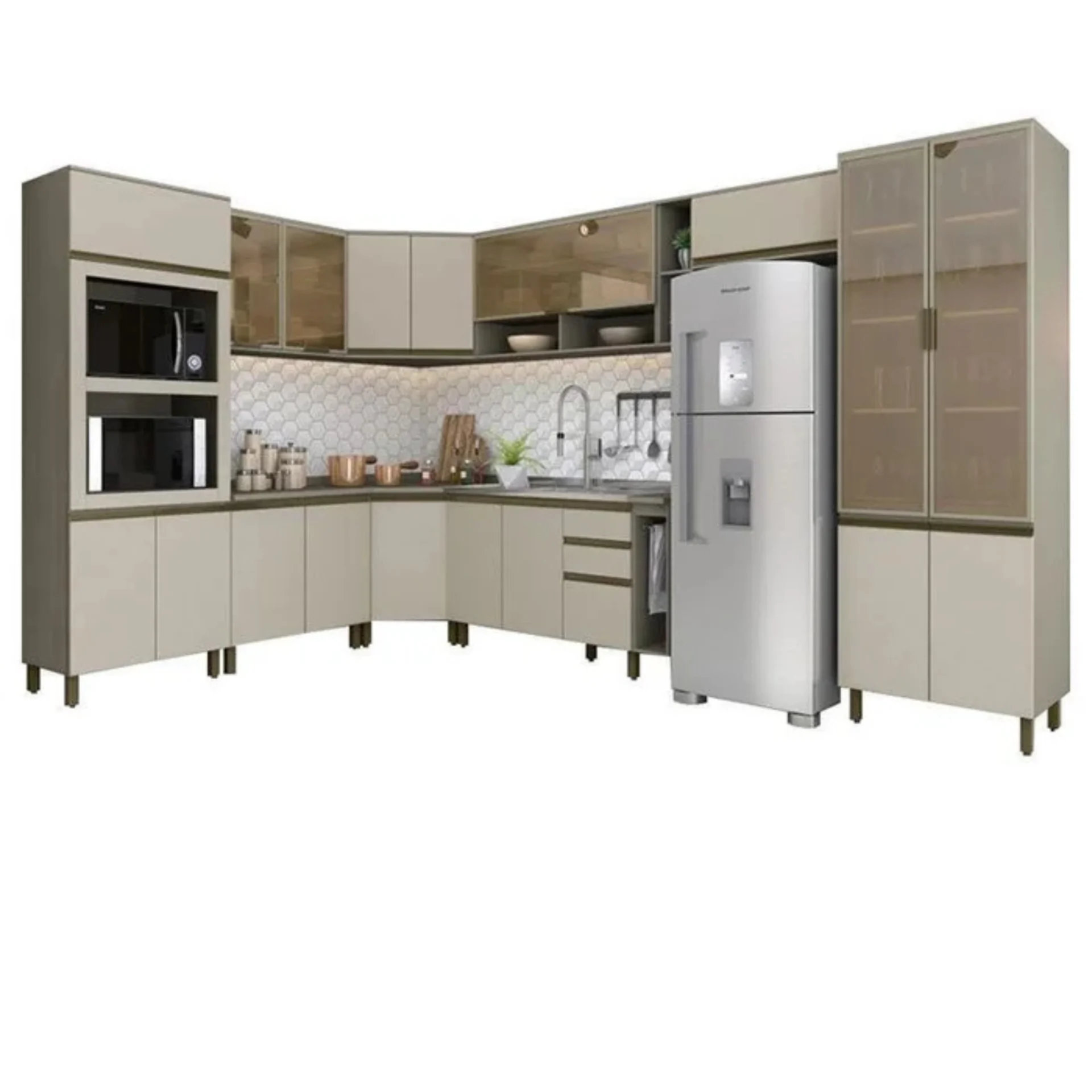 Cozinha com torre quente aéreo com basculante com 1 porta de vidro e 2 nichos aéreo com porta basculante aéreo com 2 portas de giro módulos com portas de giro e gaveta. - Imagem 2