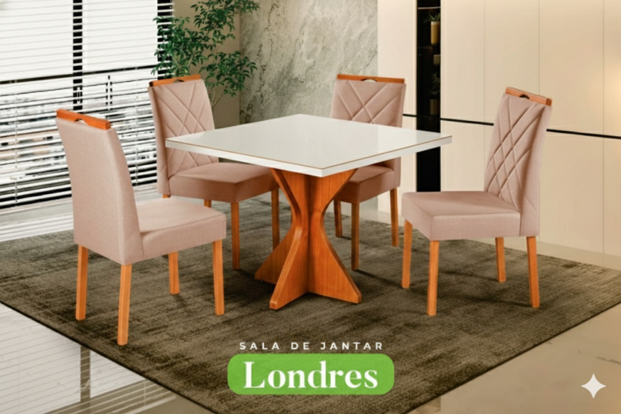 Conjunto Sala de Jantar Londres Mesa Quadrada Madeira Maciça 4 Cadeiras Estofadas Laís - Imagem 3
