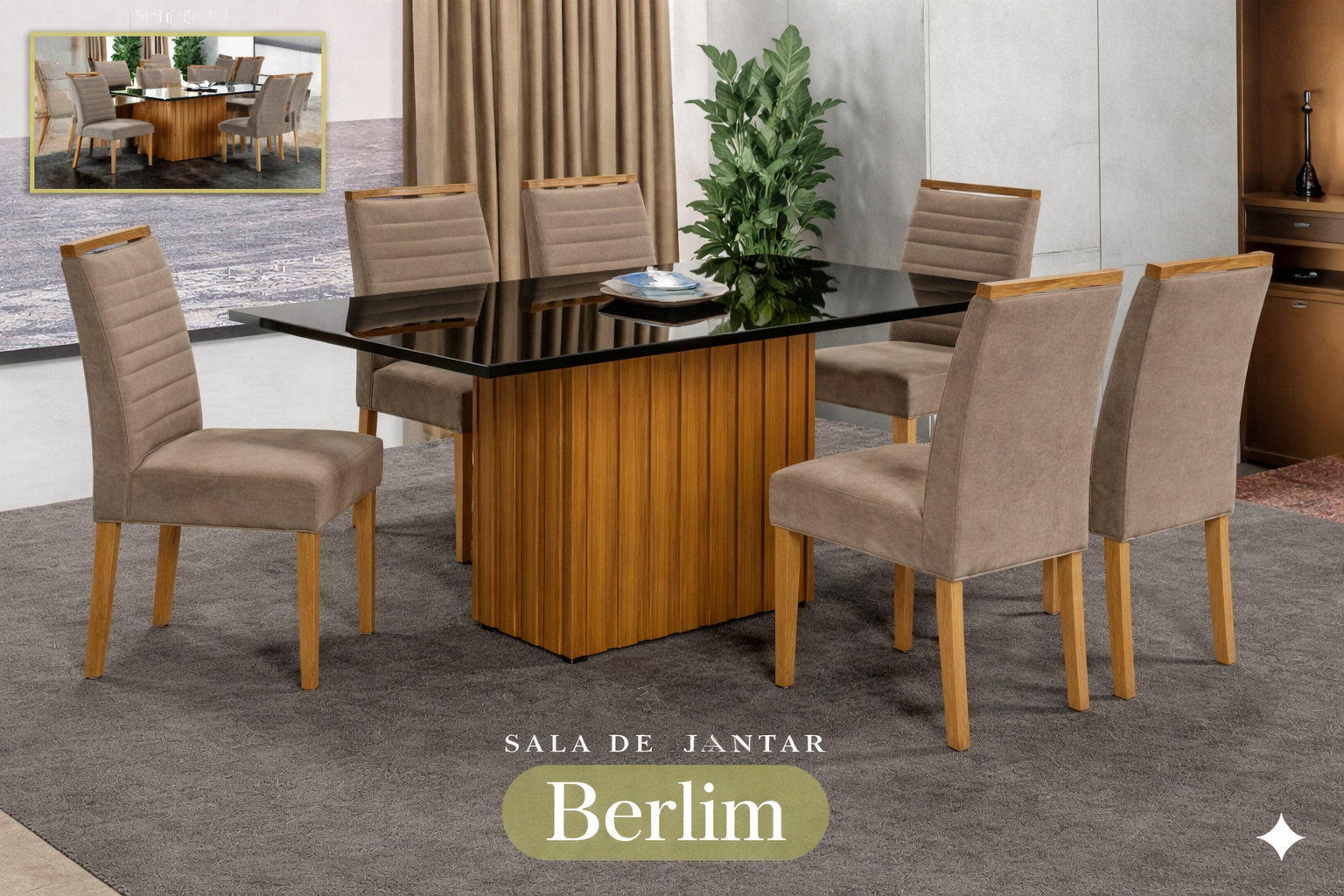 Conjunto Sala de Jantar Mesa Berlin Madeira Maciça Cadeiras Estofadas Helena - Imagem 7