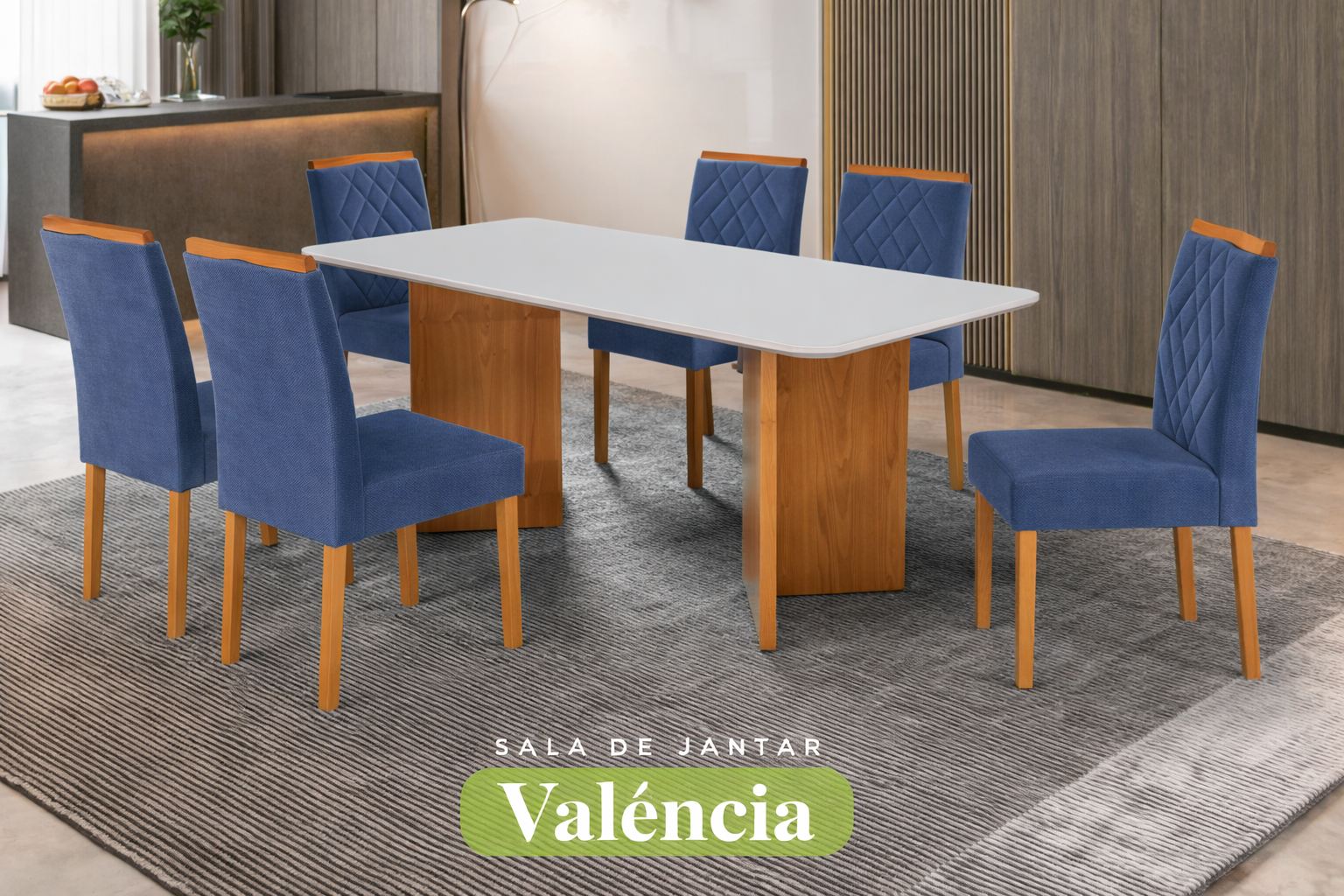 Conjunto Sala de Jantar Mesa Valência Madeira Maciça Cadeiras Estofadas Eliza - Imagem 5