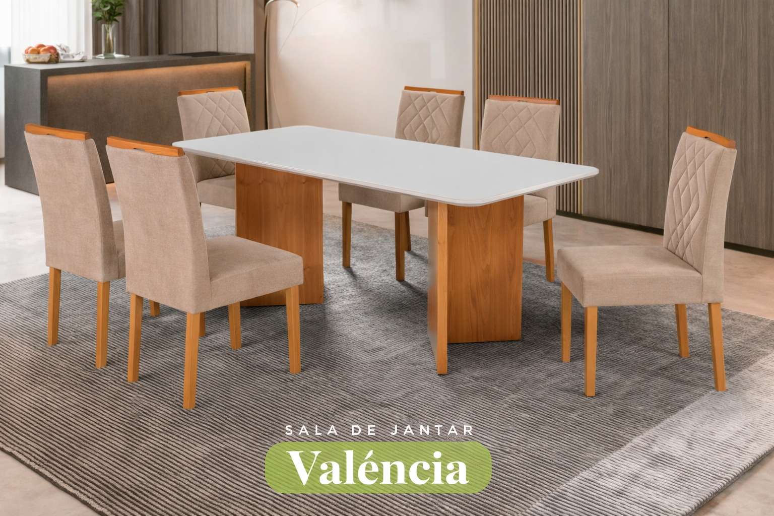 Conjunto Sala de Jantar Mesa Valência Madeira Maciça Cadeiras Estofadas Eliza - Imagem 4