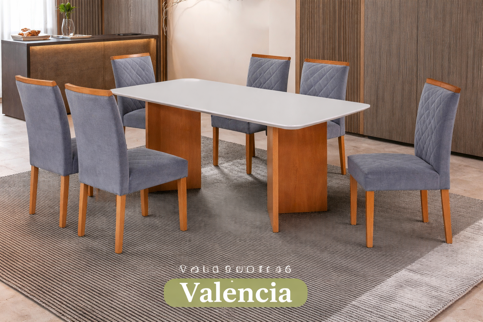 Conjunto Sala de Jantar Mesa Valência Madeira Maciça Cadeiras Estofadas Eliza - Imagem 3