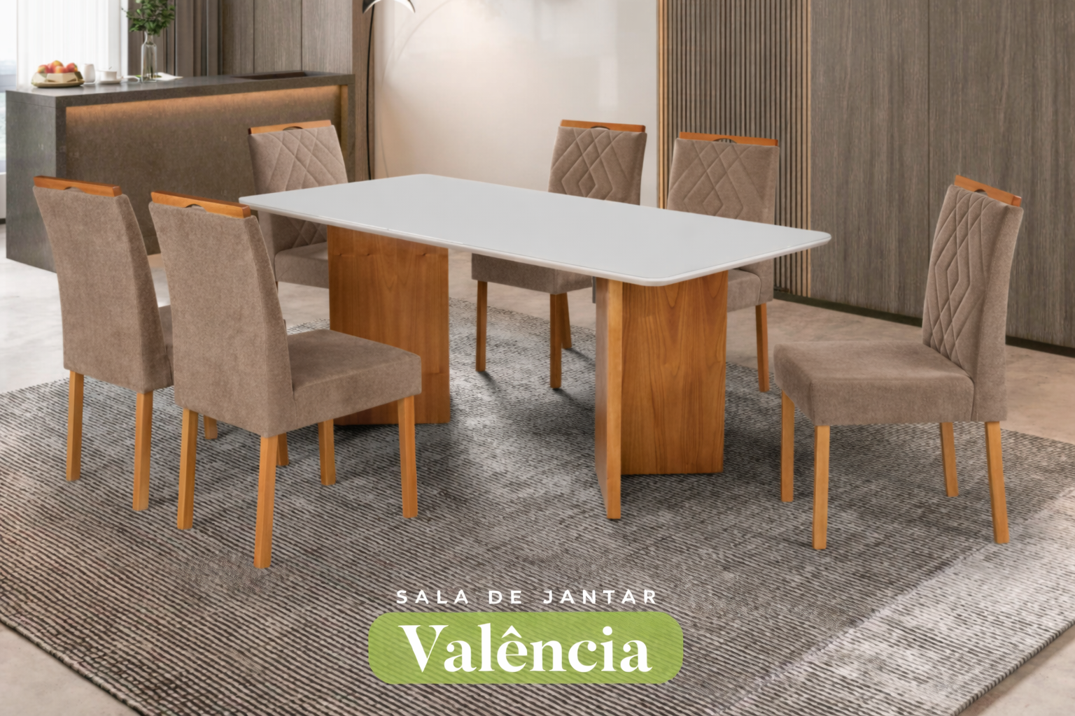 Conjunto Sala de Jantar Mesa Valência Madeira Maciça Cadeiras Estofadas Eliza - Imagem 2