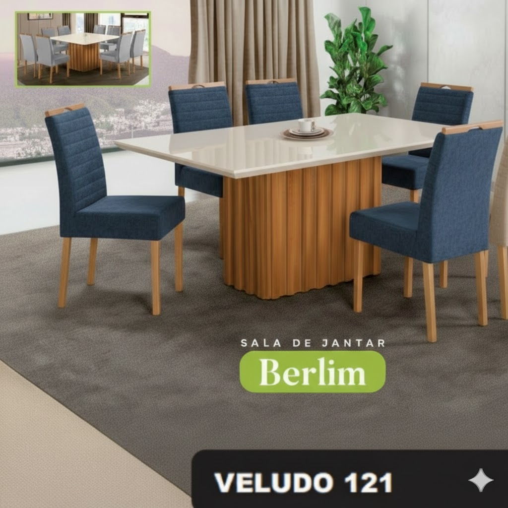 Conjunto Sala de Jantar Mesa Berlin Madeira Maciça Cadeiras Estofadas Helena - Imagem 13