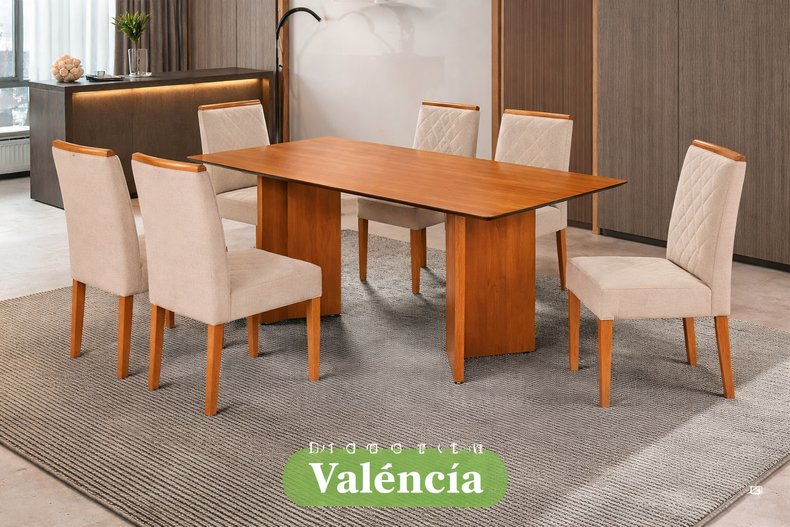 Conjunto Sala de Jantar Mesa Valência Madeira Maciça Cadeiras Estofadas Eliza - Imagem 9