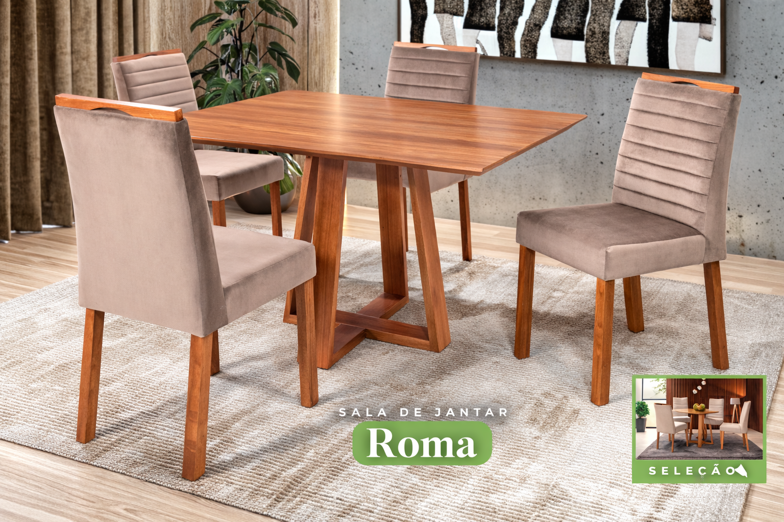 Conjunto Sala de Jantar Roma Mesa Quadrada Madeira Maciça 4 Cadeiras Estofadas Helena