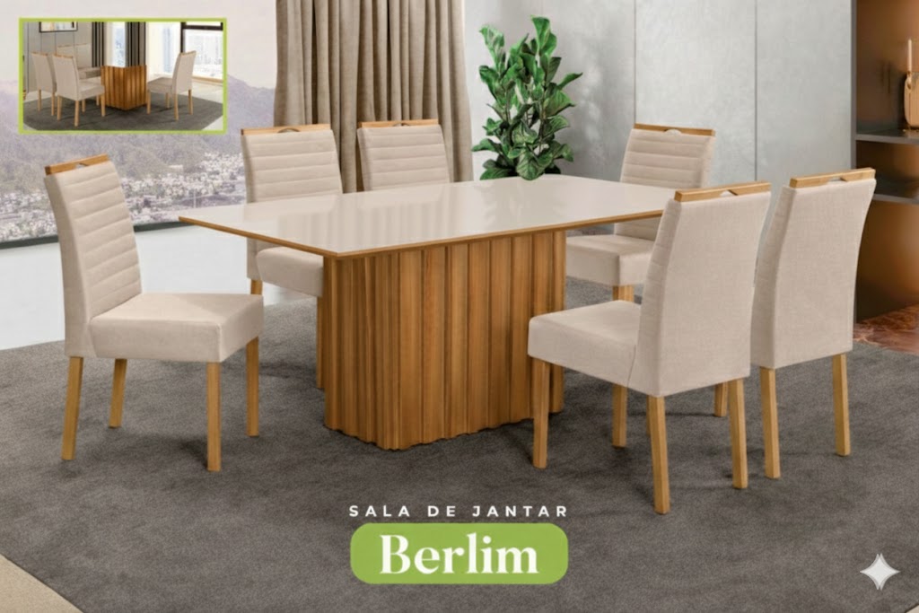 Conjunto Sala de Jantar Mesa Berlin Madeira Maciça Cadeiras Estofadas Helena - Imagem 12