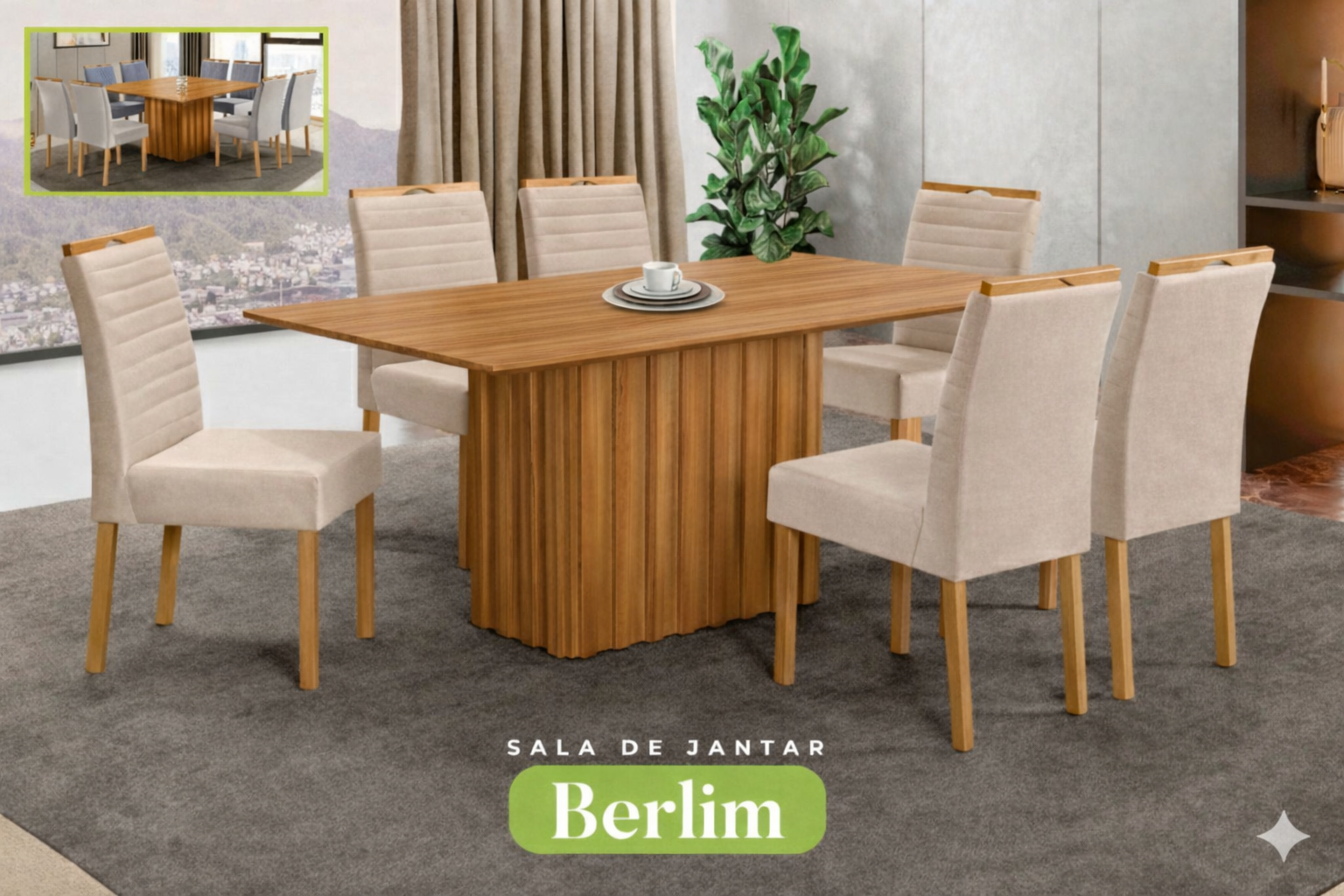 Conjunto Sala de Jantar Mesa Berlin Madeira Maciça Cadeiras Estofadas Helena - Imagem 11