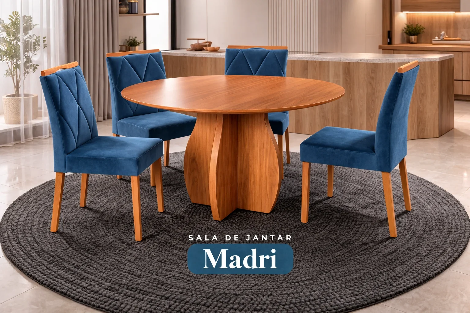 Conjunto Sala de Jantar Mesa Redonda Madri Madeira Maciça Cadeiras Estofadas Camila - Imagem 12