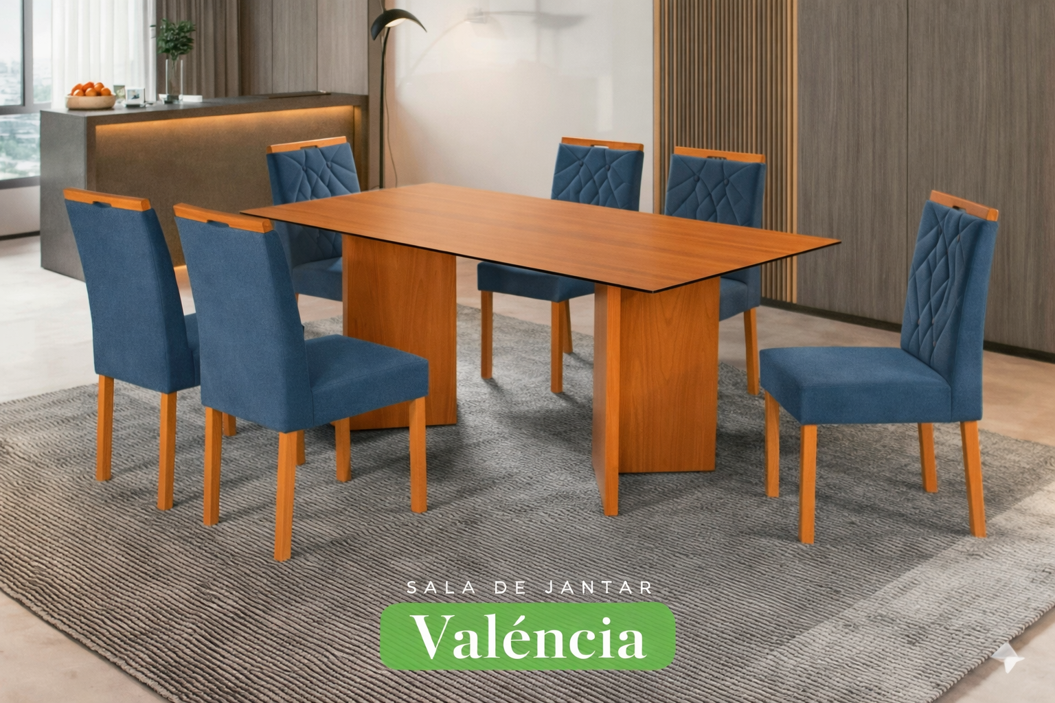 Conjunto Sala de Jantar Mesa Valência Madeira Maciça Cadeiras Estofadas Eliza - Imagem 8