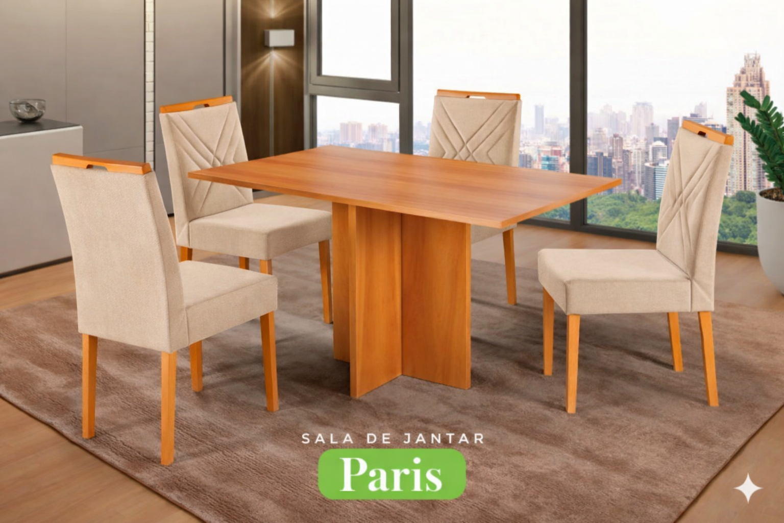 Conjunto Sala de Jantar Mesa Paris Madeira Maciça Cadeiras Estofadas Vitória - Imagem 4