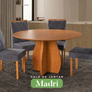Conjunto Sala de Jantar Mesa Redonda Madri Madeira Maciça Cadeiras Estofadas Camila